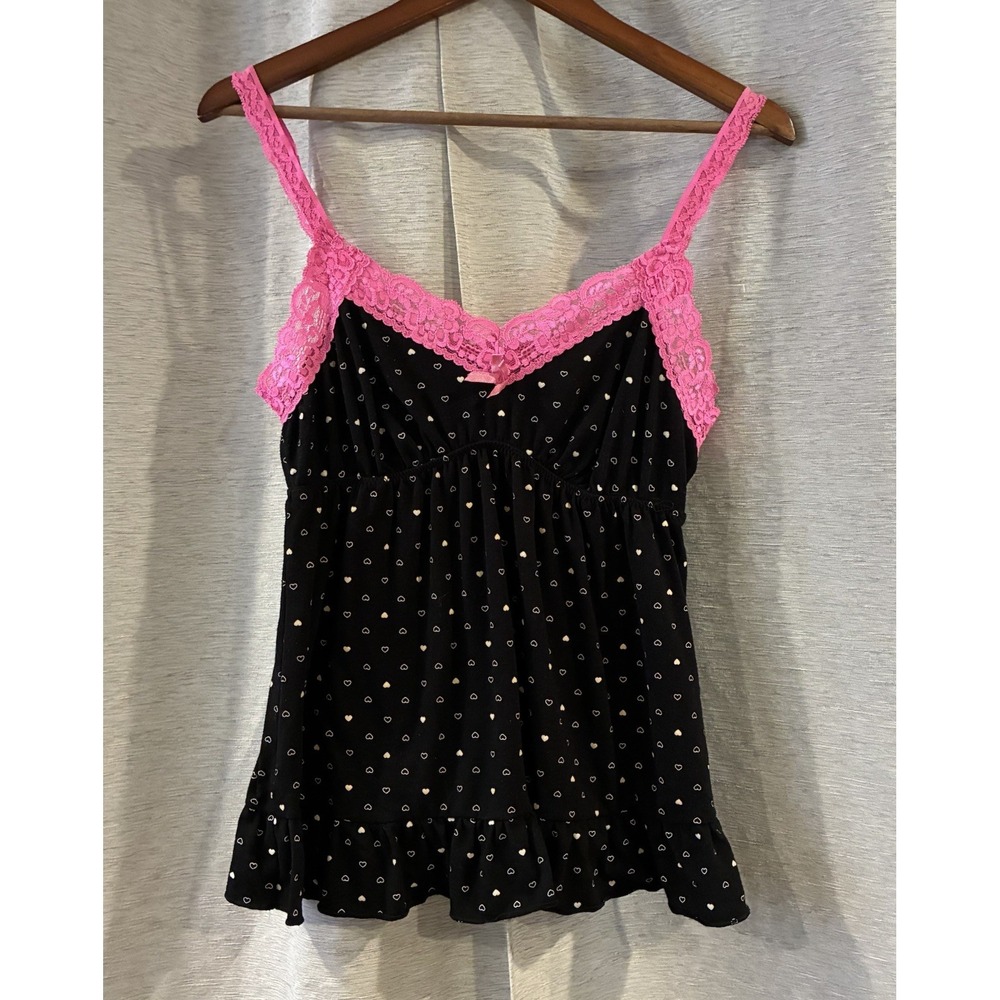 Joe Boxer Y2K Heart Print Lace Trim Babydoll Cami Tank Top Black Pink Small